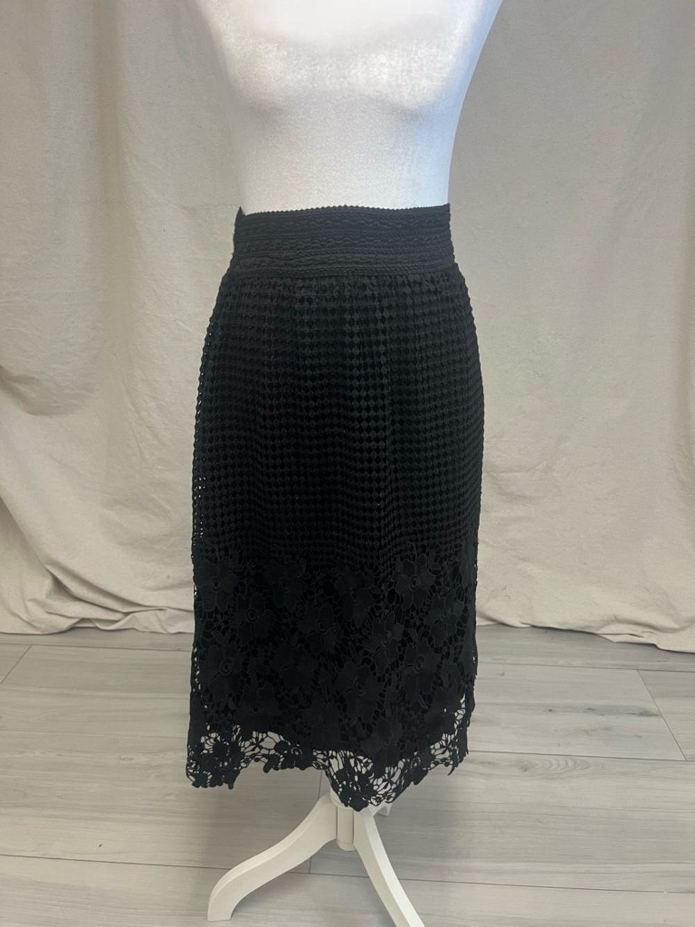 Vintage Black Lace Midi Skirt Floral Embroidery Sz S Gothic Romantic Academia